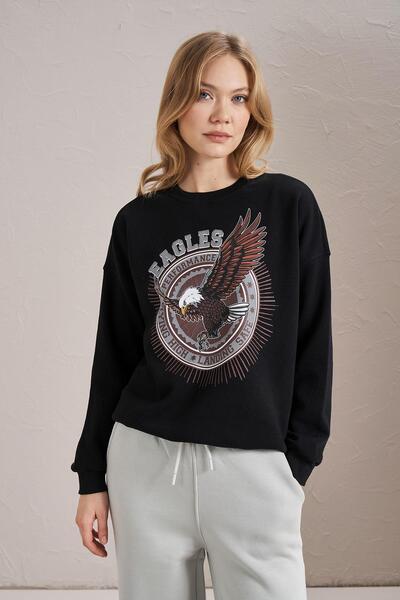 TENA Women's Black Crew Neck Eagles Printed Three Thread Basic Sweatshirt
