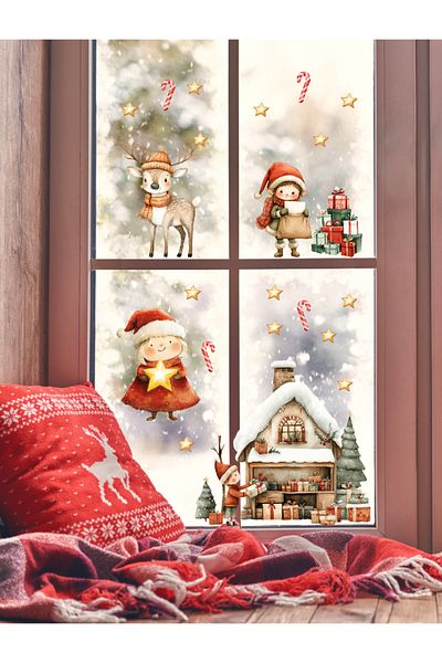 Sim Tasarım Cheerful Christmas Themed Glass Door Wall Sticker New Year Decorative Sticker