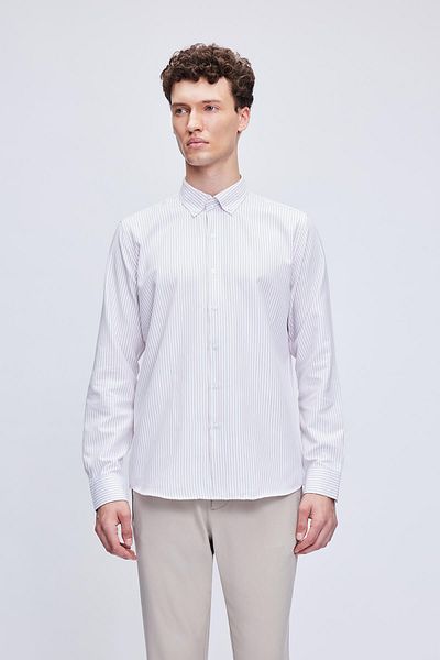 Hatemoğlu Καφέ Comfort Fit ριγέ βαμβακερό γιακά με μακρυμάνικο πουκάμισο
