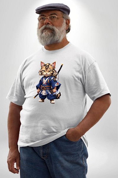 Angemiel تي شيرت أبيض مقاس كبير - تي شيرت Cat Samurai Warrior الآسيوي، للرجال والنساء للجنسين