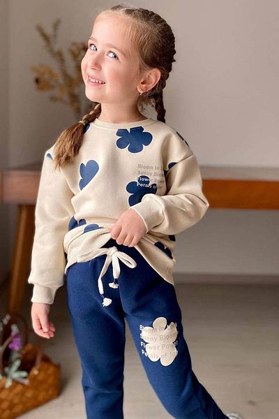 Riccotarz Set de trening pentru fete, cu imprimeu floral, hanorac cu decolteu, bleumarin