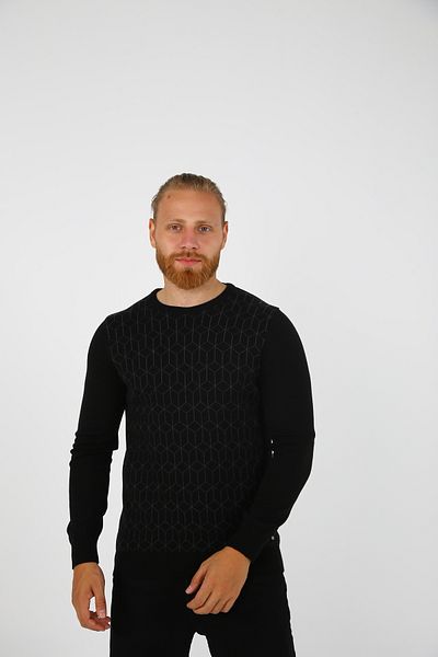 DAKSEL Pulover negru tricotat strâns pentru bărbați, cu decolteu rotund