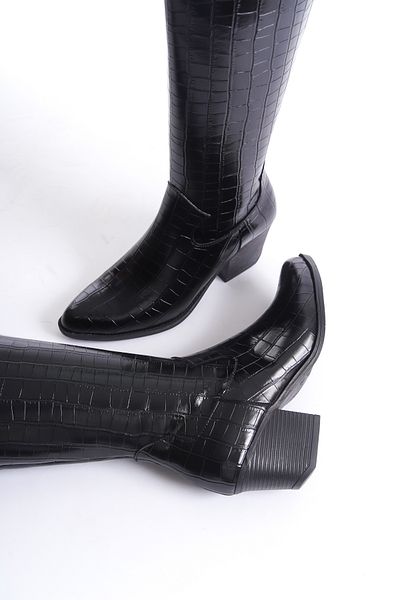 Shoesers Дамски ботуши със специален западен дизайн, заострени пръсти, дебел ток и цип, крокодилска кожа