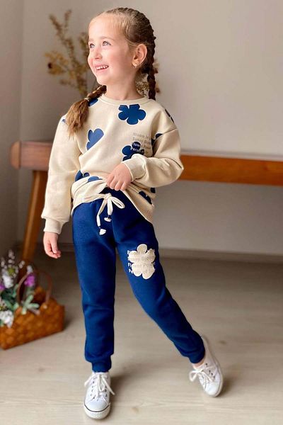 Riccotarz Set de trening pentru fete, cu imprimeu floral, hanorac cu decolteu, bleumarin