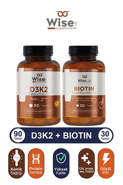WiseLab Vitamin D3 K2 90 Tablet + Biotin, Zinc 2500 Mcg Hair and Nail Vitamin 30 Tablets