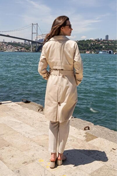 PASTELASTORE Taş Rengi %100 Pamuk Gabardin Midi (95CM) Astarlı Kemerli Kadın Trençkot 1113