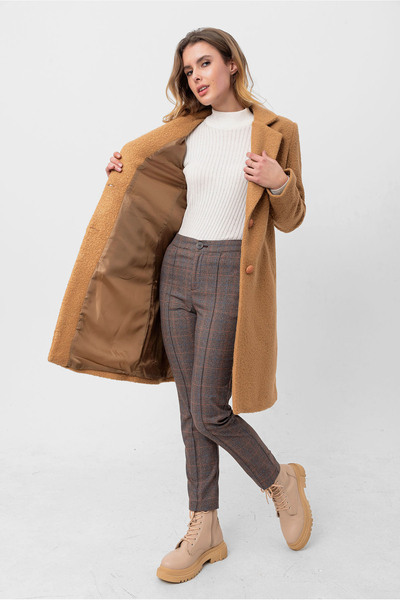 PASTELASTORE Camel dámský dlouhý kabát s podšívkou na knoflíky (100 CM) 2120