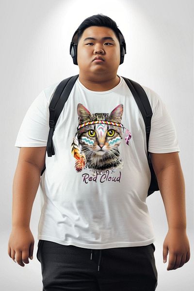 Angemiel تي شيرت Red Cloud Cat - أبيض مقاس كبير للجنسين