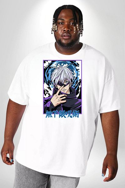 Angemiel Jujutsu Vintage Washed - Megumi Gojo Anime Manga White، مقاس كبير للجنسين أساسي مطبوع من الأمام
