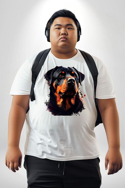 Angemiel تي شيرت أبيض كبير الحجم مطبوع من Rottweiler - للجنسين، مطبوع من الأمام