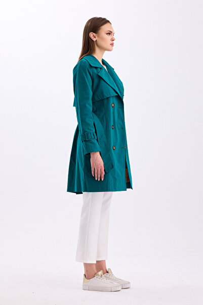 PASTELASTORE Смарагдово-зелений 100% бавовняний габардин, середньої довжини (95 см), з підкладкою та поясом, жіночий тренч 1113