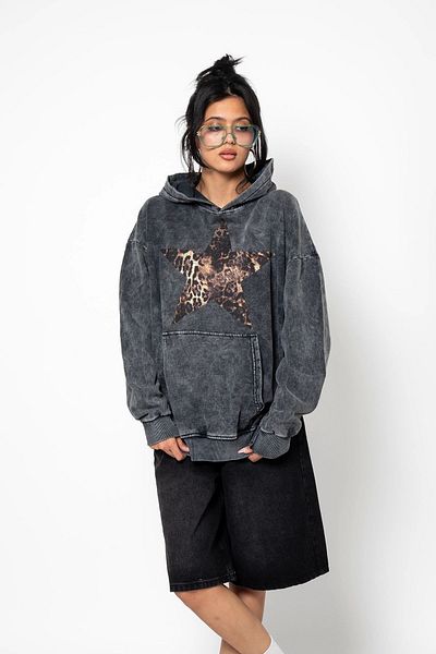 Bak Moda Imprimat Leopard Starz - Hanorac oversize negru premium unisex