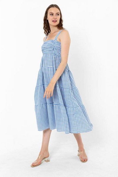PASTELASTORE Rochie de vară cu model Gingham cu bretele, lungime midi, pentru femei 1300