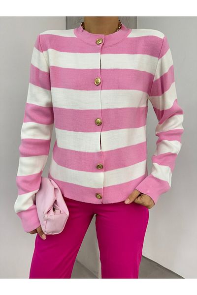 Modamorfo Kurze Strickjacke mit Metallknöpfen und Ring – Rosa