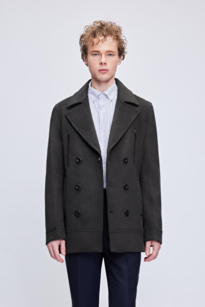 Hatemoğlu Khaki Slim Fit Plain Double Breasted Wool Stamp Coat