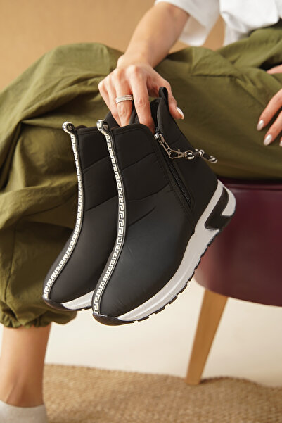 Taran Kadın Spor Bot Fermuar Detaylı Dalgıç Kumaş Kalın Tabanlı Siyah Streç Bot Jasmin