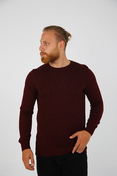 DAKSEL Men's Patterned Crew Neck Claret Red Tight Knitwear Sweater