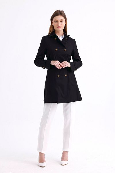 PASTELASTORE Flexible Cotton Gabardine - Women's Trench Coat with Short Shoulder Epaulettes and Belt 1120