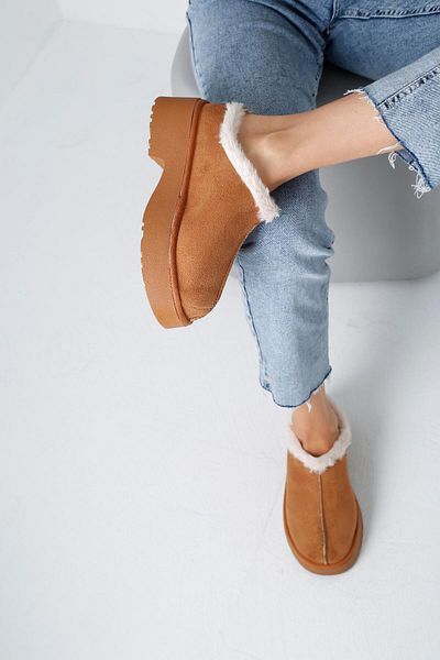 Beyond Ψηλοτάκουνες Tan Suede Γυναικείες Παντόφλες Σπιτιού - Γούνινος Αστραγάλος, Τριχωτό 5cm BYNDUGGT04