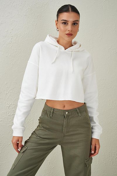 TENA Women's Ecru Hooded Skirt with Filthy Stitching Crop Sweatshirt