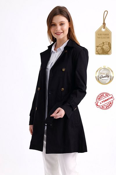 PASTELASTORE Flexible Cotton Gabardine - Women's Trench Coat with Short Shoulder Epaulettes and Belt 1120