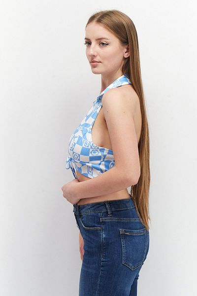 Asos Design Women Halter Neck Sleeveless Allover Print Crop Top, Blue