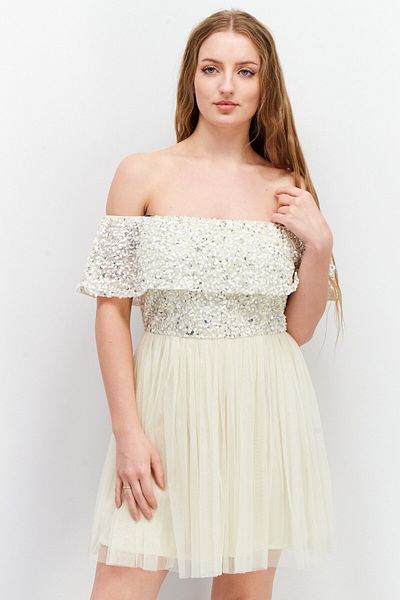 Maya Women Petite Sequin Detail Mini Dress, Off White