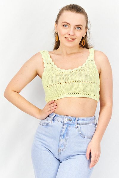 Asos Design Women Round Neck Sleeveless Textured Knitted Crop Top, Yellow
