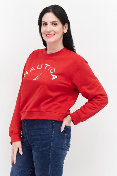 Nautica Women Crew Neck Long Sleeve Brand Logo Sweatshirt, Red