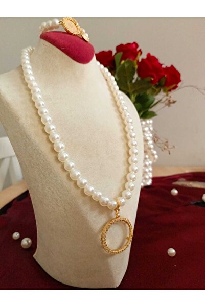 kayalaraksesuar Tama uyumlu İncili Kolye ve Çeyrekli Bileklik set