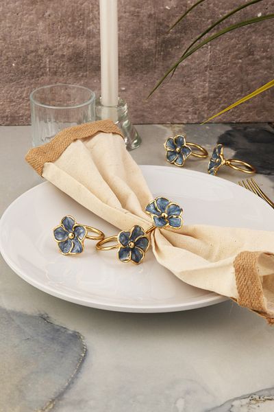 TR Turan Collection FLOWER 6 τεμαχίων χρυσό πολυτελές δαχτυλίδι χαρτοπετσέτας, δαχτυλίδι χαρτοπετσέτας με μαργαριτάρι μπλε ναυτικό