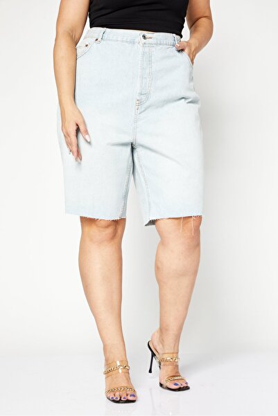 Asos Design Women Curve Washed Denim Shorts, Light Blue