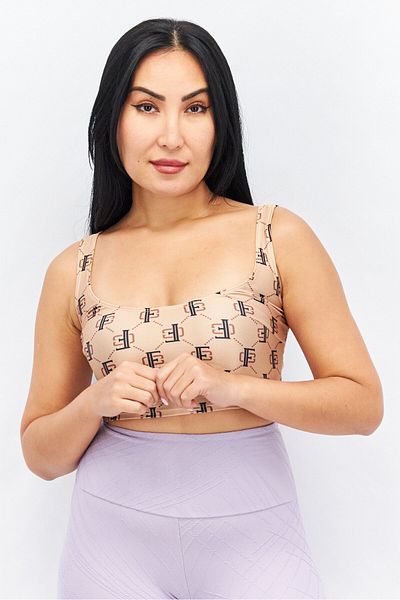 Flounce Club Women Round Neck Sleeveless Allover Print Crop Top, Brown