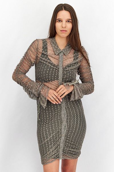Steele Women Spread Collar Long Sleeve Ruched Mesh Dress, Grey