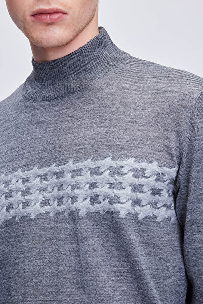 Hatemoğlu Сірий Regular Fit жакардовий светр з напіврибальським коміром з вовняного трикотажу