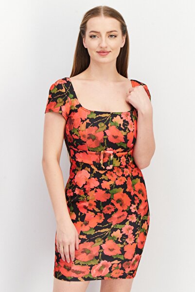 ASOS Women Allover Print Short Sleeve Belted Bodycon Dress, Red Combo