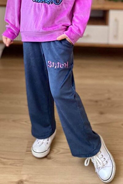 Riccotarz Girl's Stitch Character Printed Sequin Sweatshirt Purple Velvet Tracksuit Set