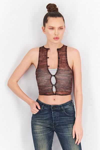 Motel Women Split Neck Sleeveless Mesh Crop Top, Brown