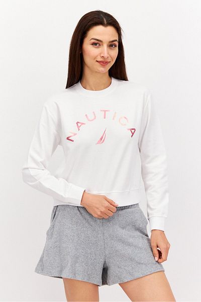 Nautica Women Sportswear Fit Long Sleeve Outdoor Sweatshirt, White