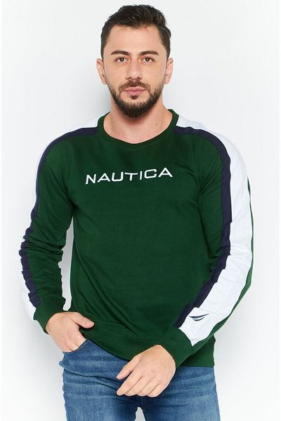 Nautica Men Crew Neck Long Sleeve Brand Logo Sweatshirt, Green