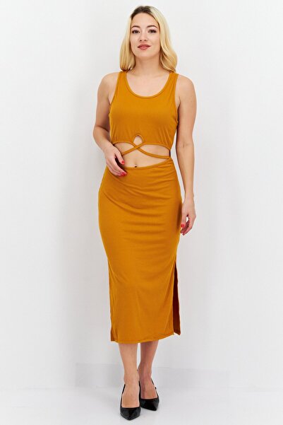 Endless Blu Women Ribbed Midi Casual Dress, Mustard