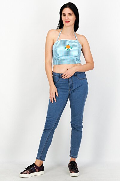 Minga London Women Halter Neck Sleeveless Gingham Pattern Tank Top, Blue Combo