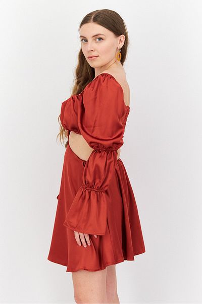 First Distraction The Label Women Satin Cut Out Mini Dress, Rust