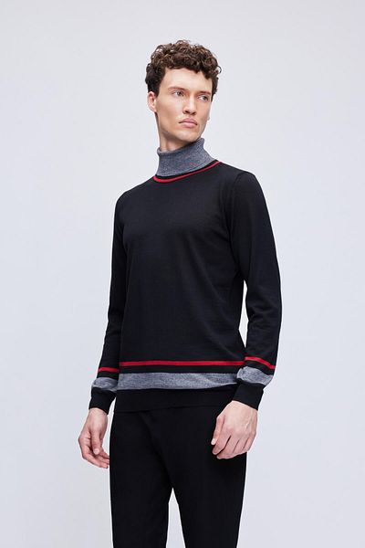 Hatemoğlu Black Regular Fit Striped Turtleneck Wool Knitwear Sweater