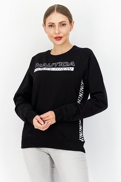 Nautica Women Crew Neck Long Sleeve Printed Sweatshirt, Black