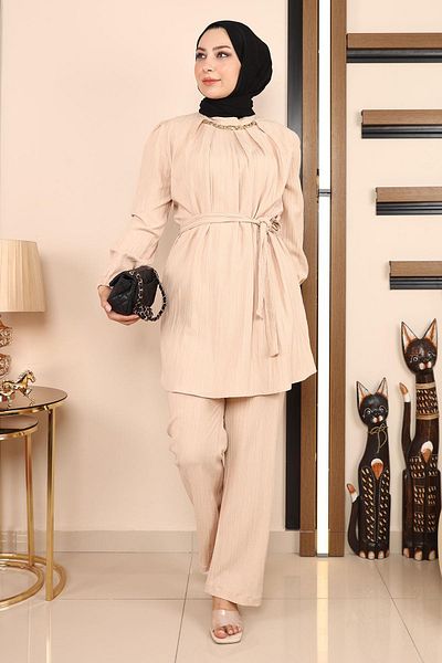 Modamihram Chain Detailed Suit Beige 19140