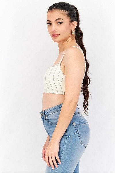 Asos Design Women Square Neck Sleeveless Stripe Cropped Top, Beige