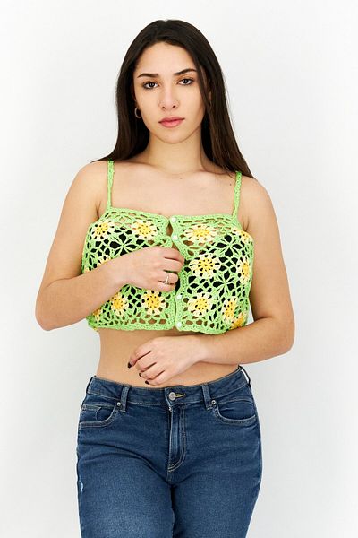 Vintage Supply Women U-neckline Sleeveless Crochet Top, Lime