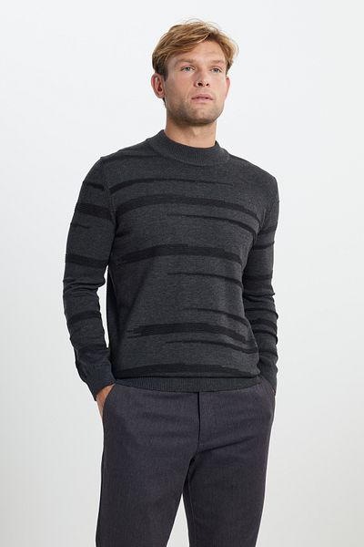 ALTINYILDIZ CLASSICS Men's Anthracite-Melange 100% Cotton Standard Fit Regular Cut Half Turtleneck Knitwear Sweater