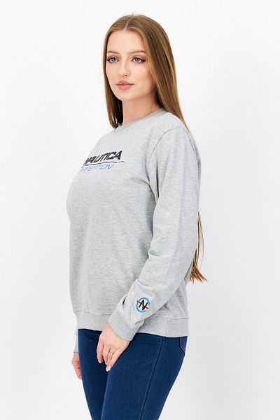 Nautica Women Crew Neck Long Sleeve Brand Logo Sweatshirt, Grey Marl